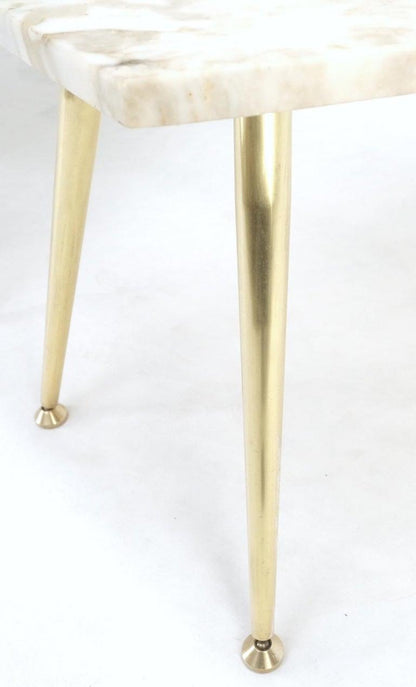 Pair of Asymmetrical Wedge Two Tier Marble Top Tapered Brass Legs Side End Table