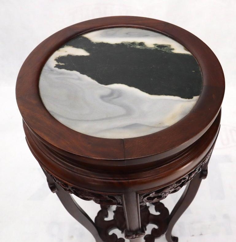 Chinese Carved Dark Rosewood Marble Top Round Stand