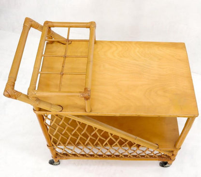 Mid century modern rattan and bamboo serving bar cart w/ bottles holder.