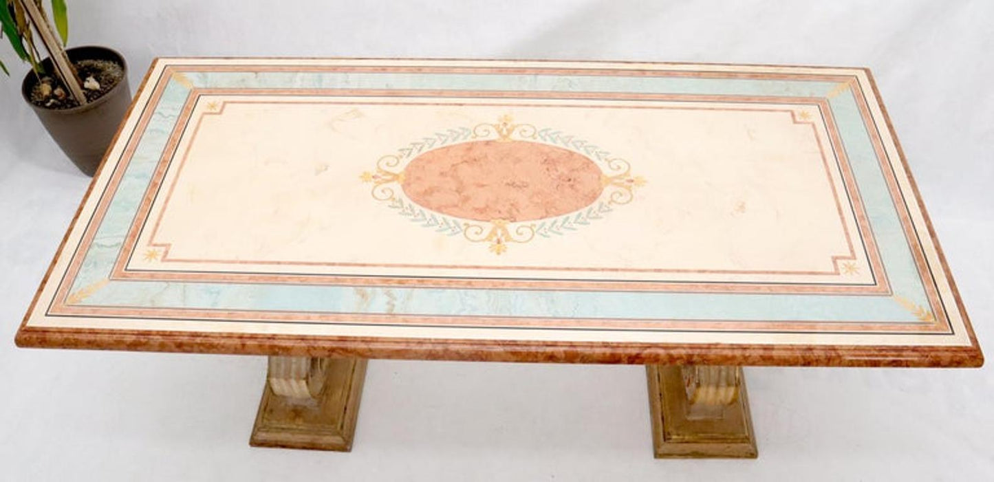 Enamel Decorated Marble Top Dining Table on Carved Gold Lyre Shape Pedestals