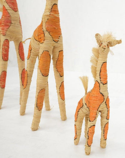 Group of 4 Giraffe Folk Art Rattan Bamboo Straw Hand Painted Animal Sculptures