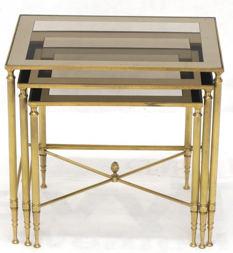 Set of 3 Brass Mirrored Border Glass Tops Nesting Stacking Tables