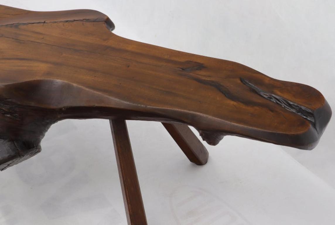 Organic Heavy Solid Walnut Varnished Slab Top Coffee Table on Tapered Legs
