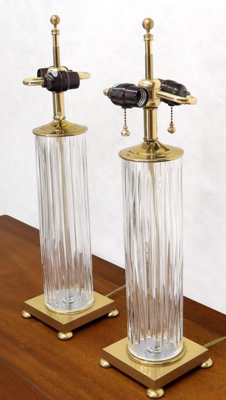 Pair of Fine Cut Glass Crystal Cylinder Shape Table Lamps on Brass Bases