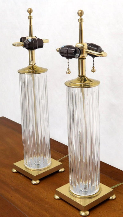 Pair of Fine Cut Glass Crystal Cylinder Shape Table Lamps on Brass Bases