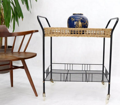 Wicker & Bent Steel Mid-Century Modern Serving Cart Side Table on Wheels