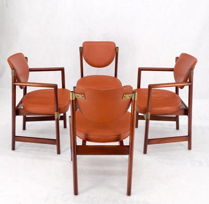 Set 4 Grosfeld House Brick Leather Upholstery Brass Accents Dining Chairs MINT!