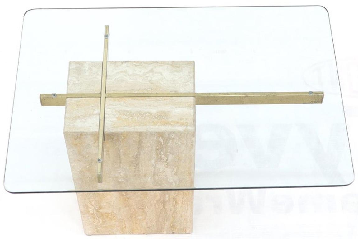 Travertine Base Glass Top Mid-Century Modern Side Table