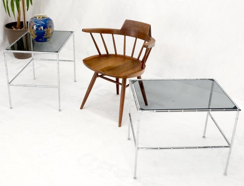 Pair of Chrome Faux Bamboo Smoked Glass Tops Nesting Tables