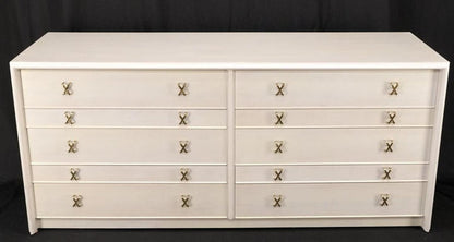 Paul Frankl for Johnson White Wash Marble Top 10 Drawers Dresser Brass x Pulls