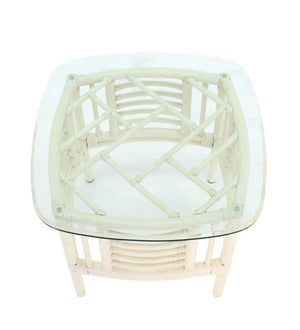 Pair of White Rattan Glass Top Mid-Century Modern Side Tables