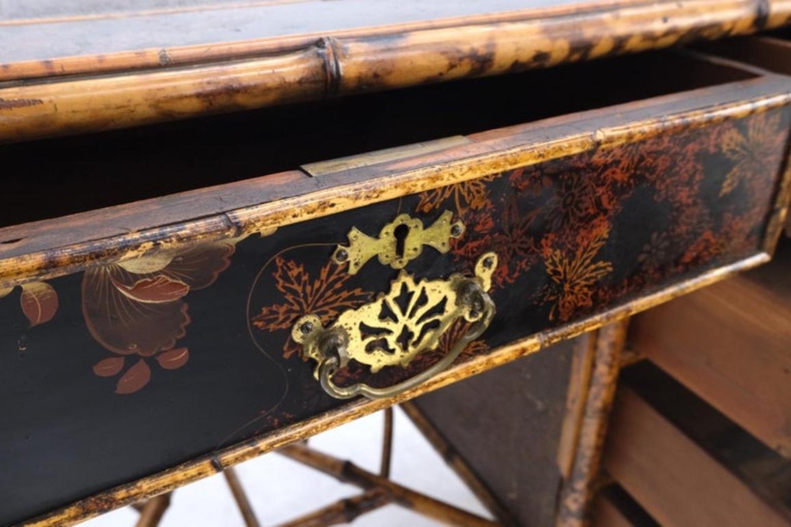 Antique Asian Oriental japaneese Burned Bamboo Hand Painted Decorated Desk Table