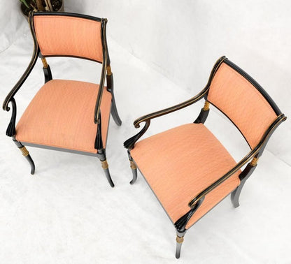 Pair Regency Ebonized Gilt Craved Fireside Dining Arm Chairs Horn Shape Leg