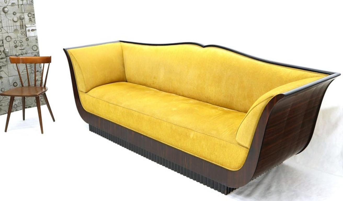 Large French Art Deco Rosewood Sofa in Gold Upholstery Scalloped Edge