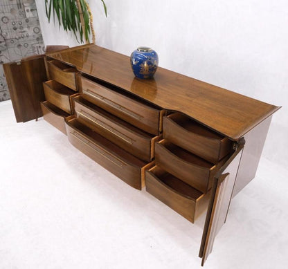 American Walnut long Dresser w/ Rolled Edges Curved Front Dresser Brass Pulls