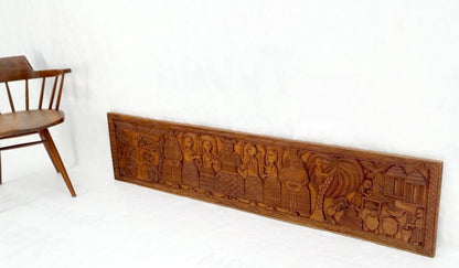 Carved Solid Teak Long Rectangle Wall Plaque Relief Sculpture Depicting Villager