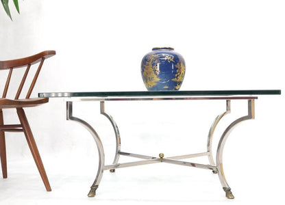 Square Chrome and Brass Hoof Feet Base Thick Glass Top Coffee Table