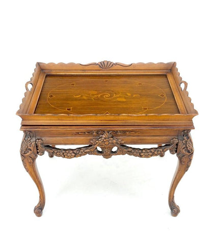Removable Tray Top Pierce Carved Inlayed Walnut Side End Table Stand Mint!