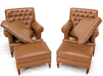 Pair of Chesterfield Style Leather Chairs W/ Ottomans Brown to Tan