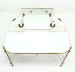 Decorative Vanity Dressing Table Milk Glass Top Metal Scrolls Brass Hardware