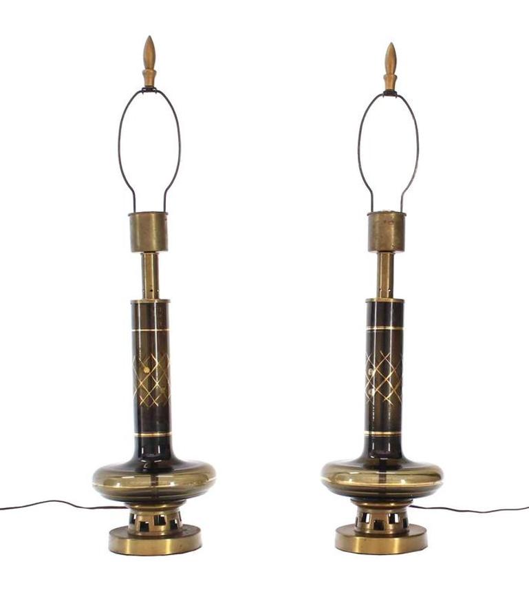 Pair of Gold Decorated Smoked Glass Turned Shape Table Lamps