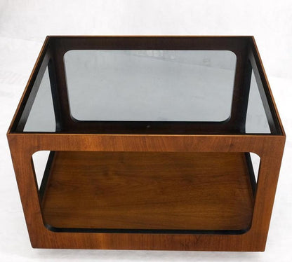 Cube Shape Rectangular Smoked Glass Oiled Walnut Side End Table