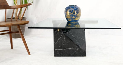 Black Cube Shape Marble Base Brass Stretchers Square Glass Top Coffee Table