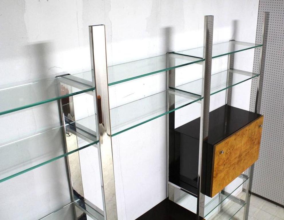 Burl Wood Thick Glass Shelves 3 Bay Wall Unit