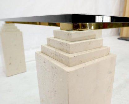 Square Travertine Legs Brass X Shape Base Glass Top Coffee Table