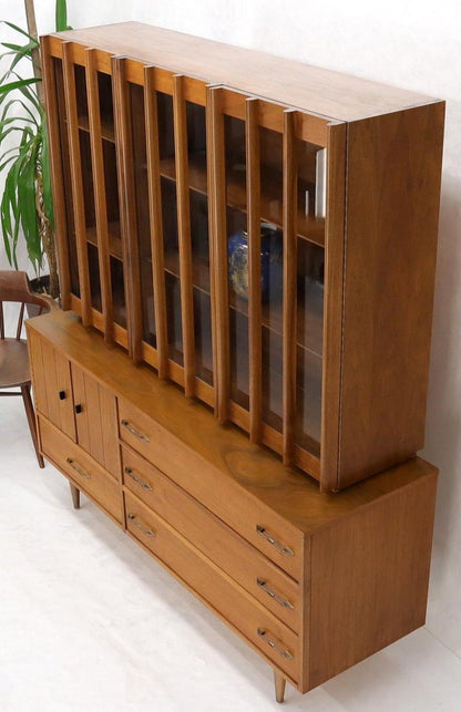 Walnut mid century modern two-part hutch credenza display cabinet glass doors