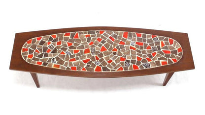 Oval Mossaic Tile Top Rectangular Boat Shape Walnut Long Coffee Table.