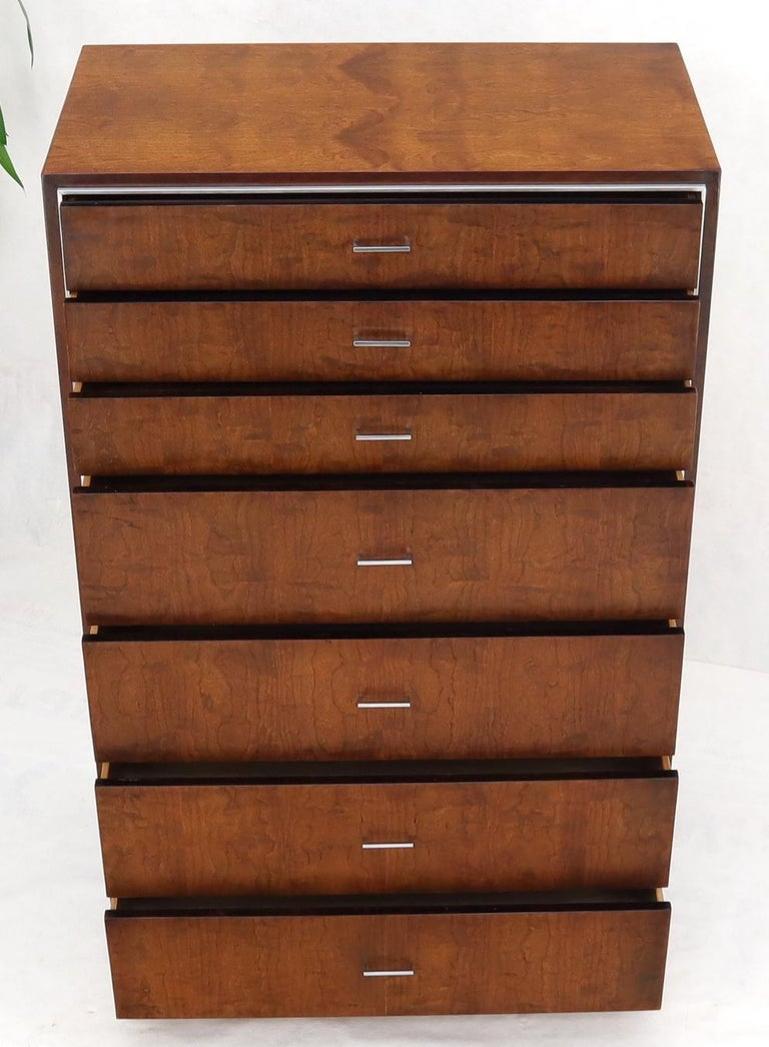 Seven Drawers Burl Wood Chrome Metal Bezel High Chest Dresser by John Stuart