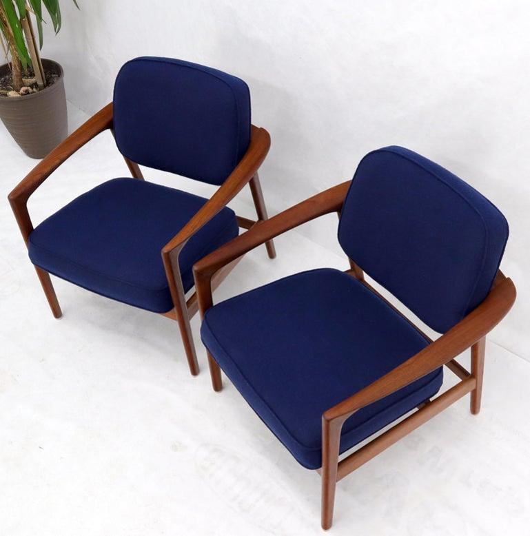 Pair of New Blue Upholstery Teak Danish Mid-Century Modern Arm Lounge Chairs