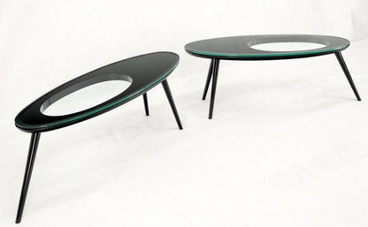 Pair Glass Top Black Lacquer Oval Pierced Shape Solid Tops End Side Tables Stand