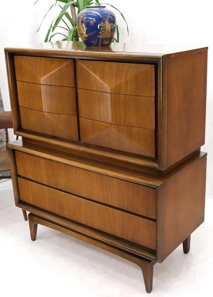 Diamond Front Walnut Mid-Century Modern Double High Chest Dresser