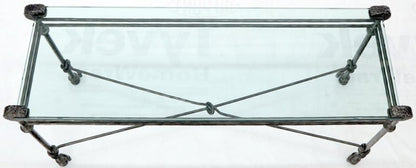 Hammered Forged Metal Wrought Iron Base 3/4" Glass Top Console Table Giacometti
