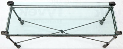 Hammered Forged Metal Wrought Iron Base 3/4" Glass Top Console Table Giacometti