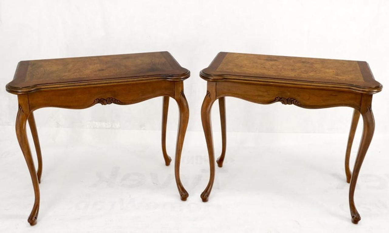 Pair of Baker Burl Wood Flip Top Convertible Console Table to Game Dining Tables