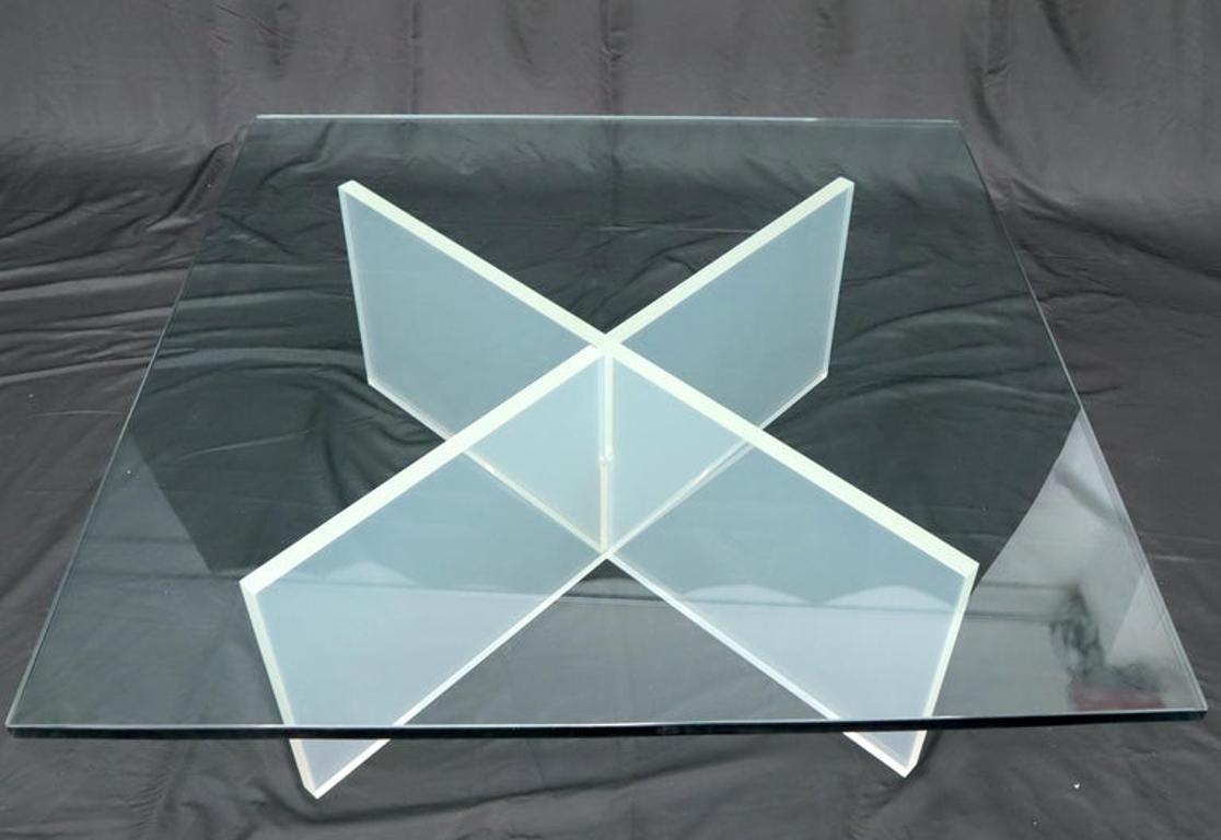 Frosted Lucite X-Base Glass Top Square Coffee Table