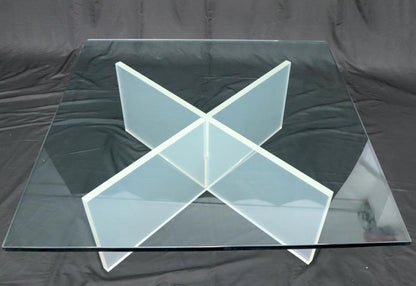 Frosted Lucite X-Base Glass Top Square Coffee Table