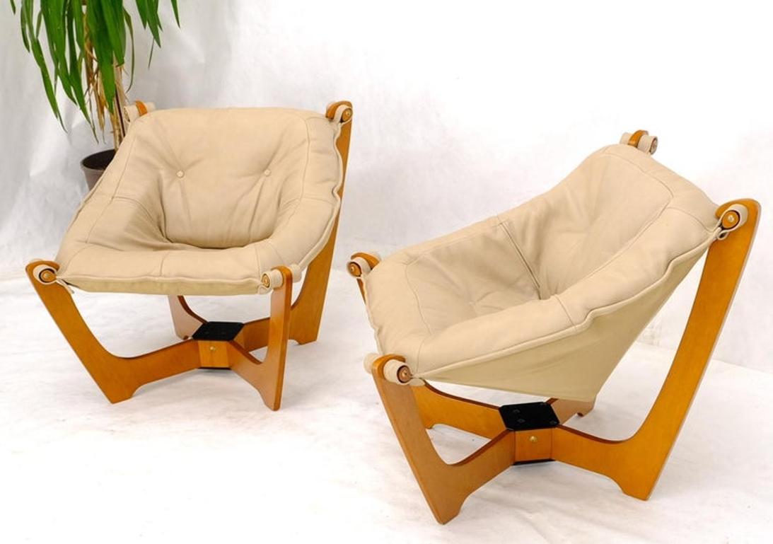 Pair of Mid Century Danish Modern Teak Frames Leather Sling Seat Lounge Chairs