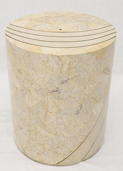 Large Cylinder Tessellated Stone Veneer Brass Inlay Dining Table Base Pedestal