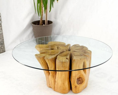 Large Pedestal Natural Blond Wood Tree Stump Base Round Glass Top Coffee Table