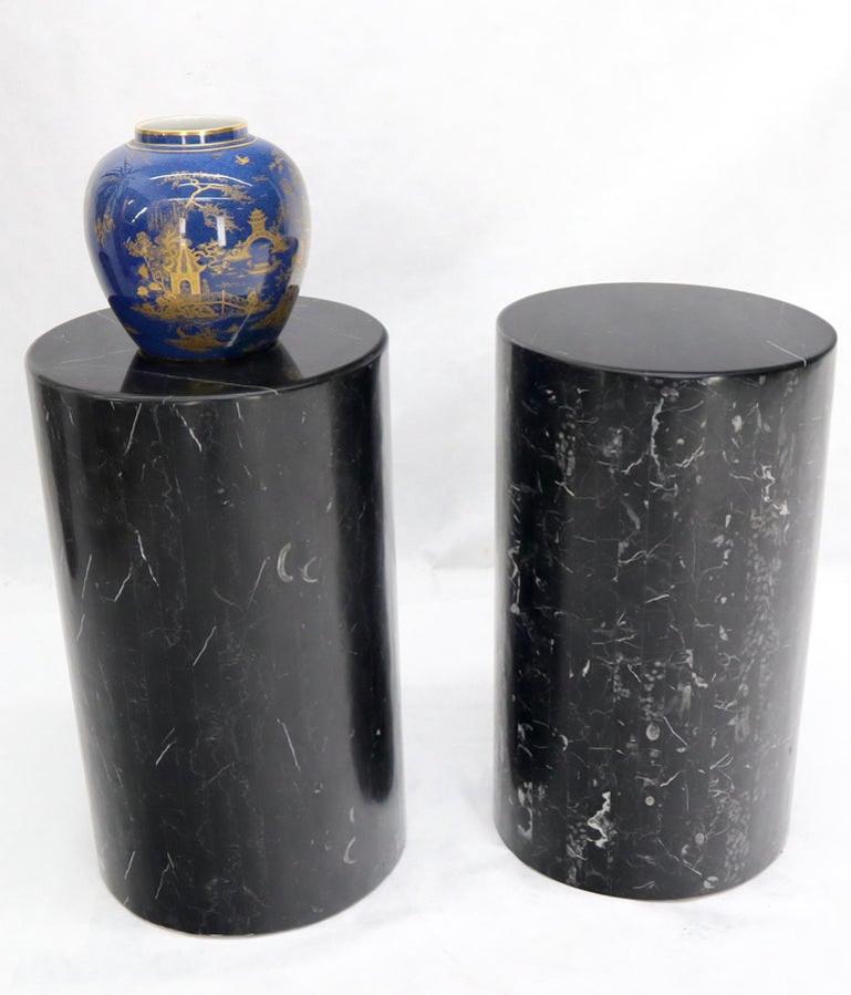 Pair of Black Marble Stone Veneer Sheeted Tiled Round Cylinder Pedestals