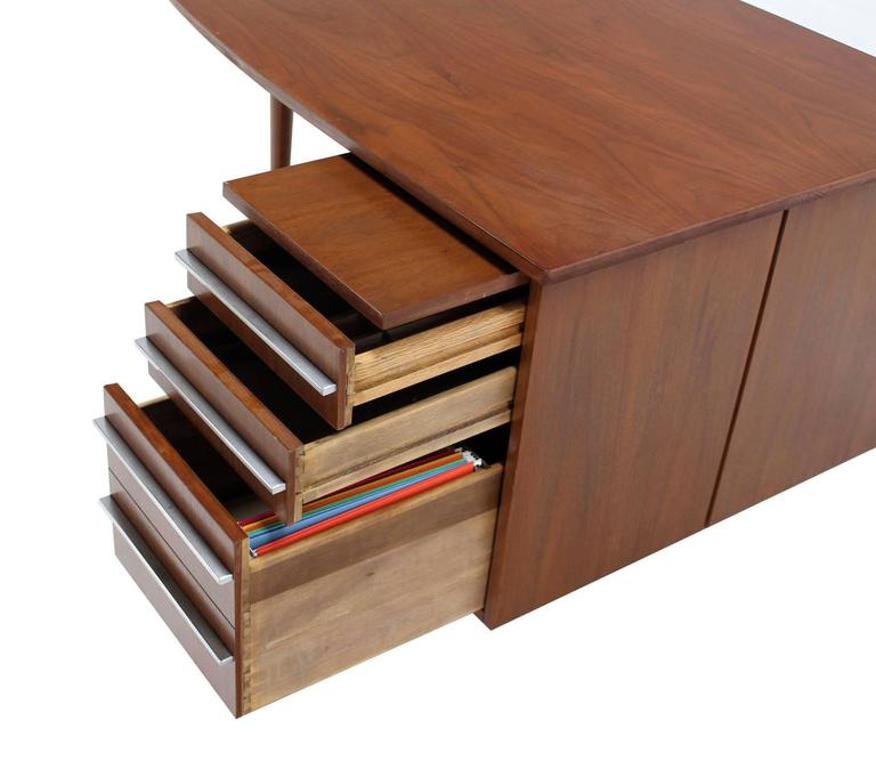 Unusual Oval Shape Walnut Partners Extra Deep Desk Long Metal Stip Shape Pulls