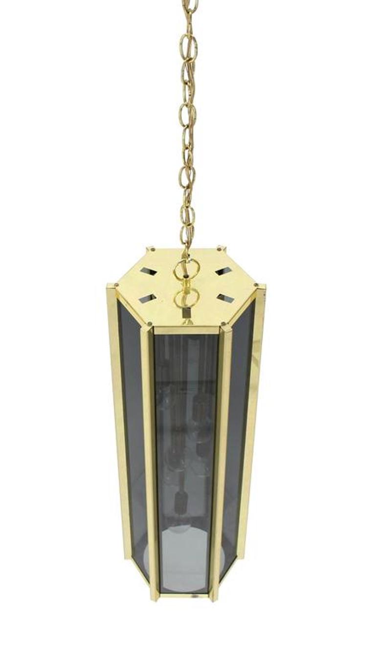 Tall and Narrow Smoked Glass and Brass Pendant Light Fixture