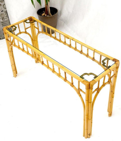 Bamboo Frame Glass Top Console Table w/ Figurative Brass Supports