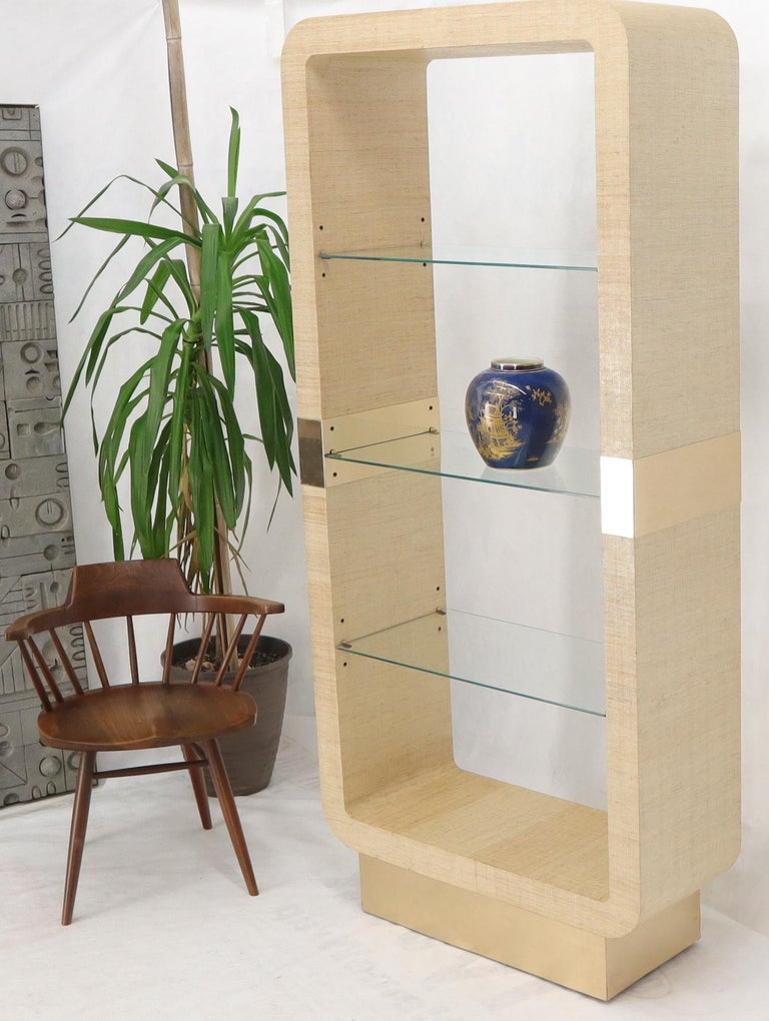Raffia Cloth Finished Rounded Angles Étagère Display Unit Glass Shelves