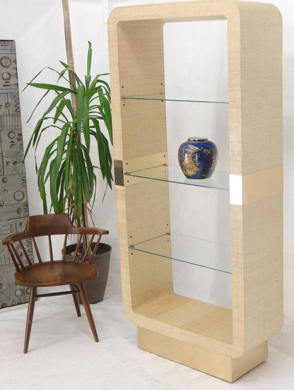 Raffia Cloth Finished Rounded Angles Étagère Display Unit Glass Shelves