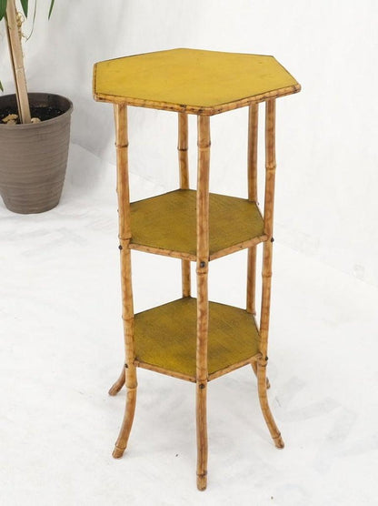 3 Tier Grass Cloth Hexagon Burnt Bamboo Antique Pedestal Candle Lamp Table Stand